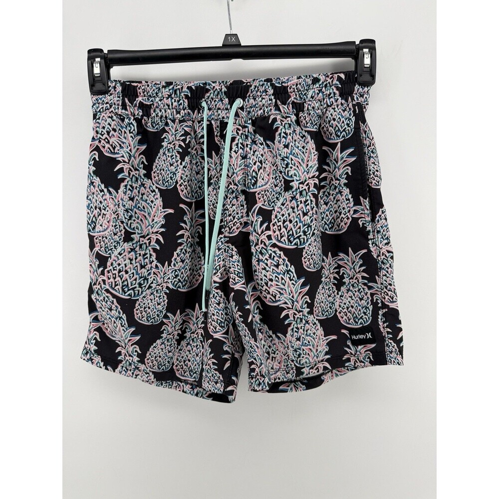Hurley Mens M Swim Trunks Black Neon Pineapple Board Shorts Drawstring Pocket